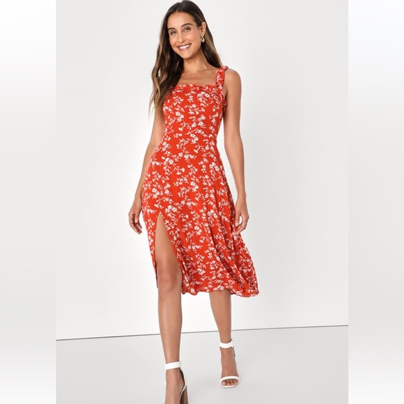 Lulu’s Garden Date Red Orange Floral Print Ruffle Midi Dress Women’s Size Large - Picture 1 of 8